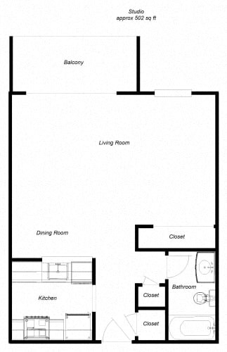 Floor plan for studio, 1 bath, 502 sqft